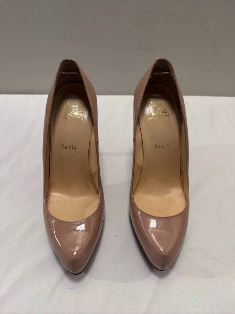Authentic Christian Louboutin Nude Patent Leather Pointed-Toe Pumps